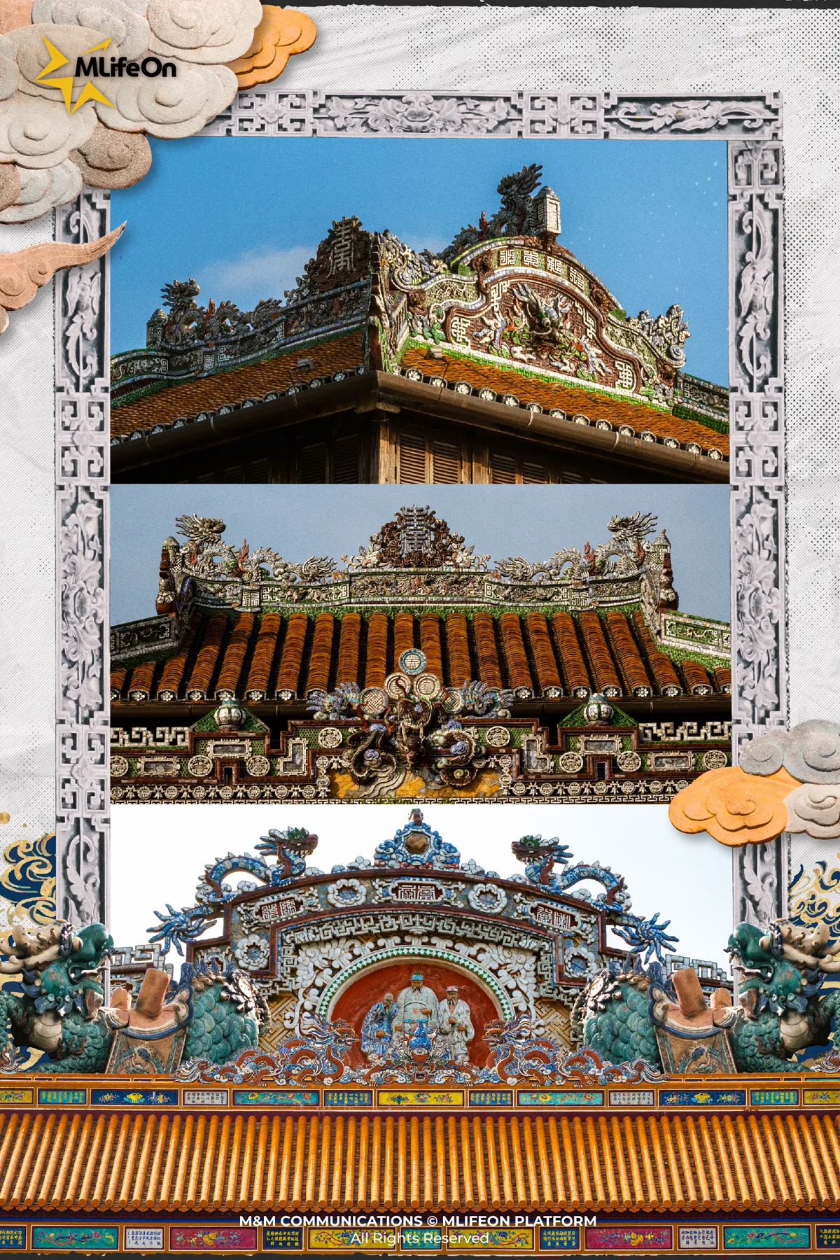 Decorative motifs on traditional Vietnamese roof architecture