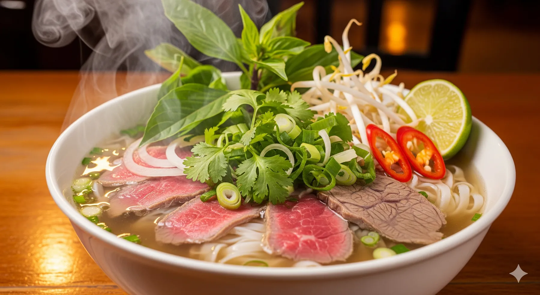 A steaming bowl of traditional Vietnamese pho with fresh herbs.