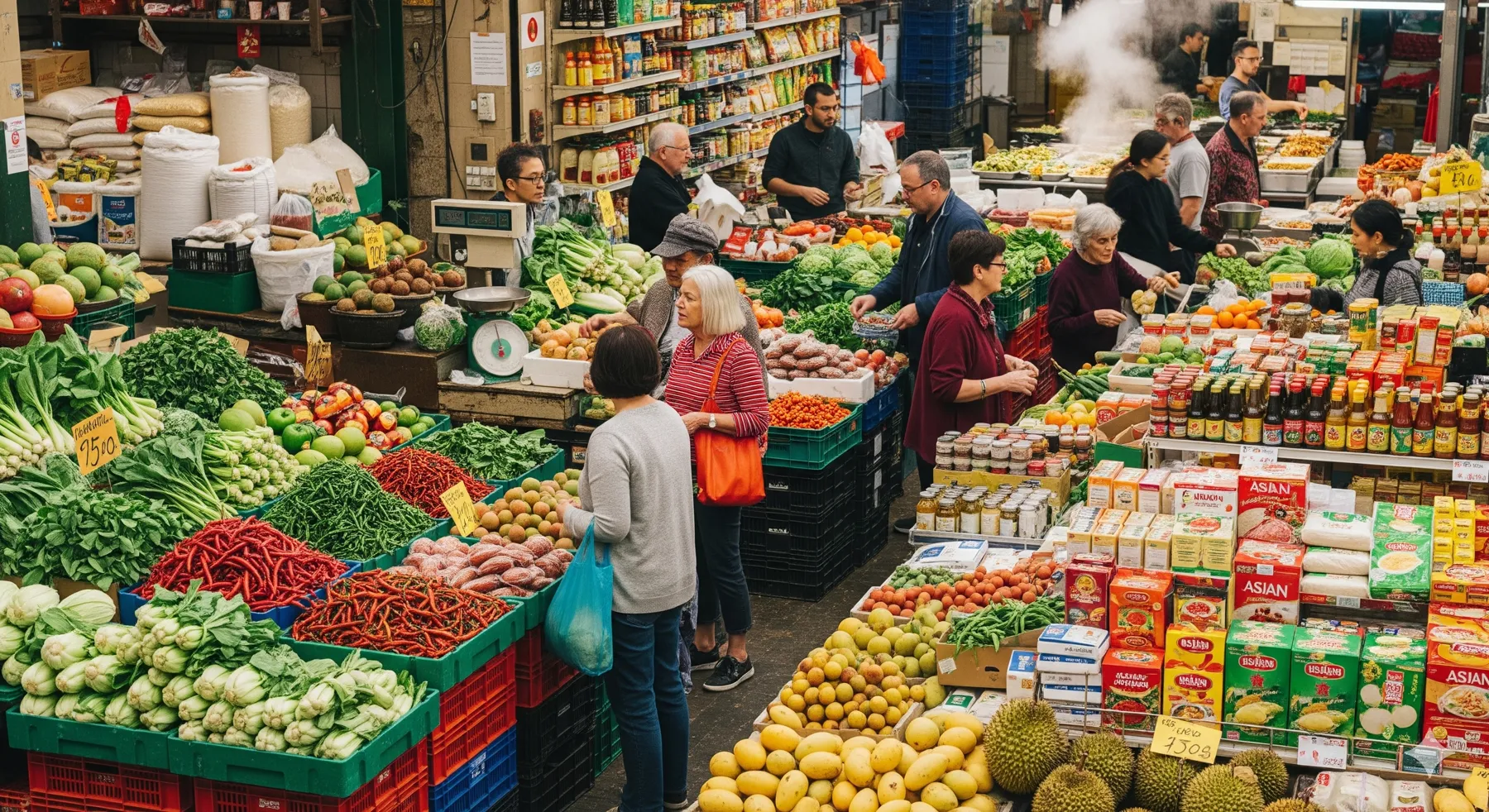 A vibrant Asian grocery market with fresh produce and spices.