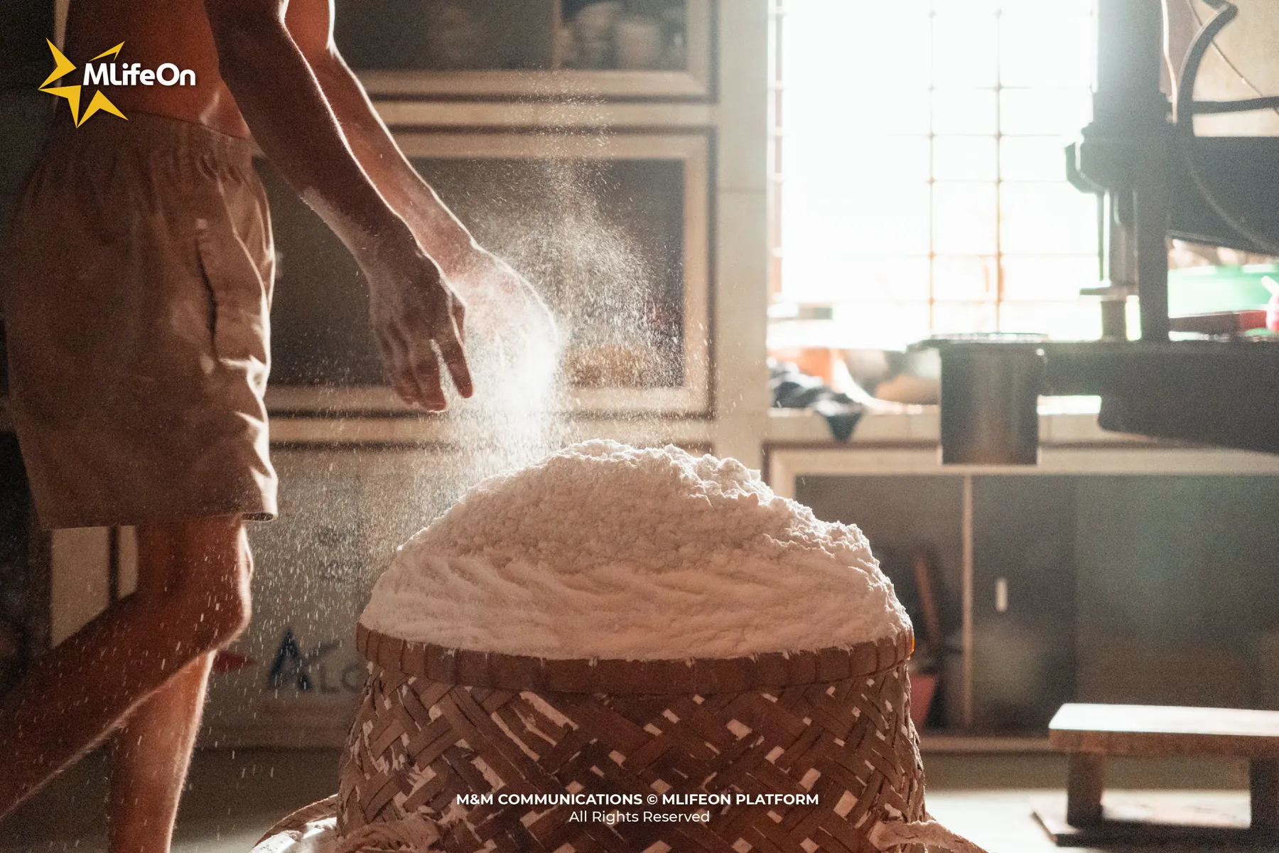 Rice ground finely, ready to be pressed into banh hoi strands.