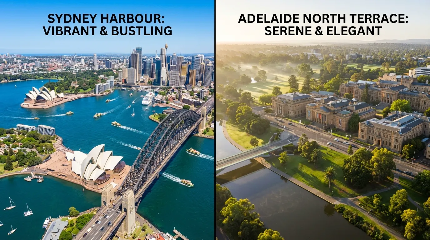 Image: A side-by-side comparison image. On the left, a vibrant, bustling aerial view of the Sydney Opera House and Harbour Bridge under a bright sun. On the right, a serene, elegant aerial view of Adelaide