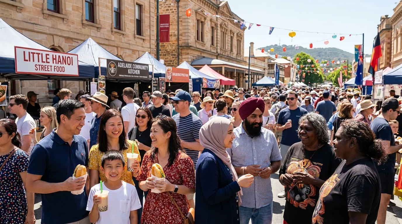 Image: A vibrant, diverse group of people from various cultural backgrounds, including Vietnamese-Australians, enjoying a sunny day at a street festival in Adelaide, with historic buildings in the background and food stalls, reflecting cultural connection and community.