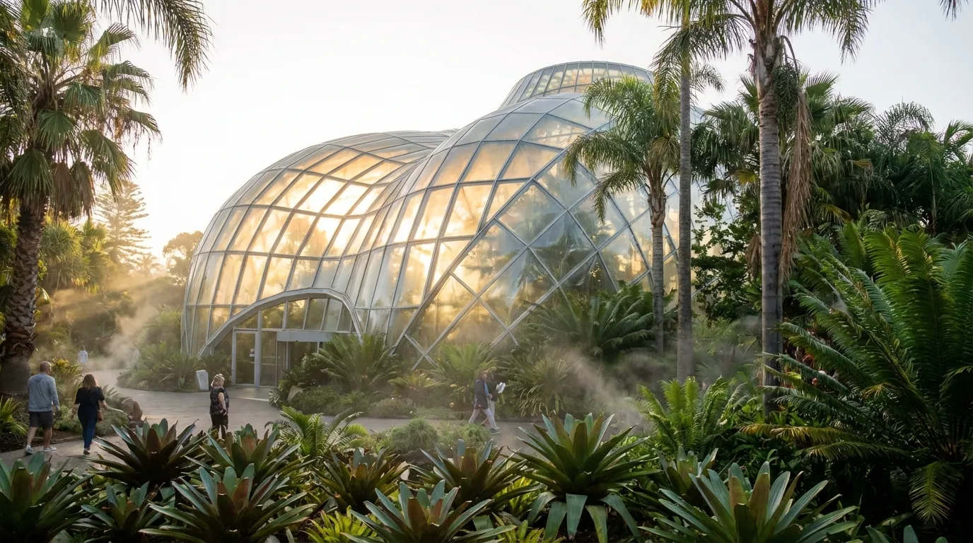 Image: The futuristic, curved glass and steel structure of the Bicentennial Conservatory glowing under soft sunlight, surrounded by lush tropical vegetation.