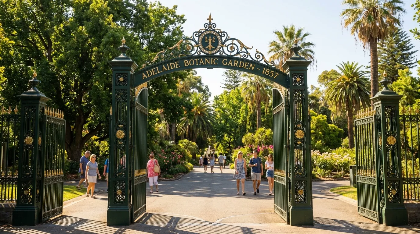 Image: A wide shot of the grand entrance gates of Adelaide Botanic Garden on a sunny day, with lush greenery visible beyond the ornate ironwork, and people casually strolling in.