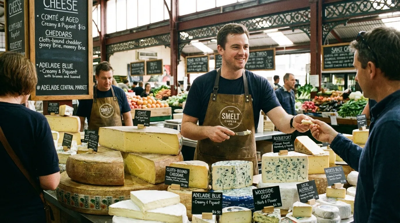 Image: A close-up shot of a vibrant cheese stall inside the Adelaide Central Market, featuring an abundant display of various artisan cheeses, some with labels and descriptions. A friendly cheesemonger in an apron is engaging with a customer, offering a sample.