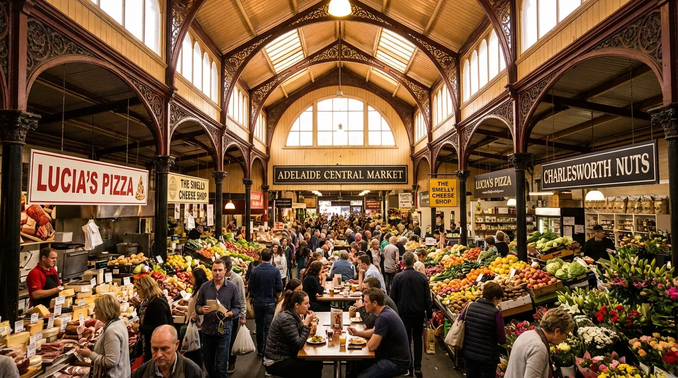 Image: A wide shot of the bustling interior of Adelaide Central Market, showcasing high ceilings, rows of diverse market stalls, vibrant produce displays, and a lively crowd of shoppers. The lighting is warm, highlighting architectural details and the colourful array of goods.