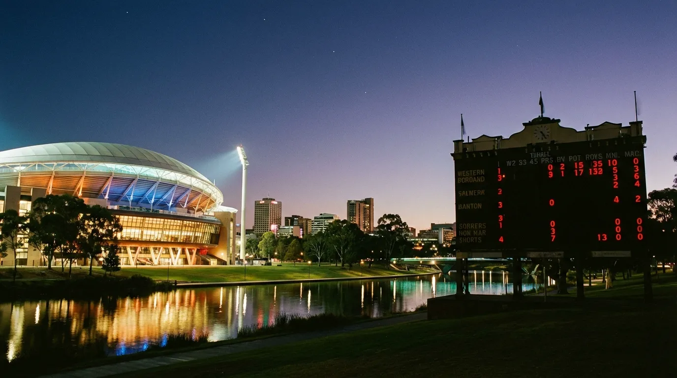 Image: A wide-angle, low-light shot of Adelaide Oval at dusk, showcasing the blend of historic architecture like the manual scoreboard and the modern, illuminated Western Grandstand. The surrounding parklands and city skyline are visible in the background, with a subtle glow reflecting on the River Torrens.