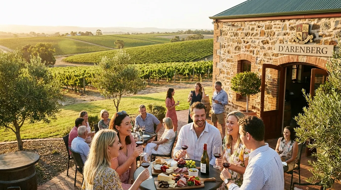 Image: A vibrant, sun-drenched scene of people enjoying a leisurely afternoon at a vineyard in the McLaren Vale region near Adelaide. Rolling hills covered in grapevines stretch into the distance, with a charming cellar door visible. People are laughing, sipping wine, and enjoying gourmet platters.