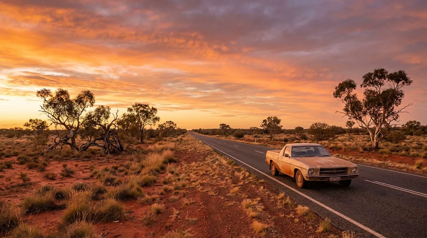 Image: A classic Australian road trip scene: a lone car driving on a long, straight highway through diverse landscapes, perhaps with red earth, sparse eucalyptus trees, and a vast, cloud-streaked blue sky at golden hour.