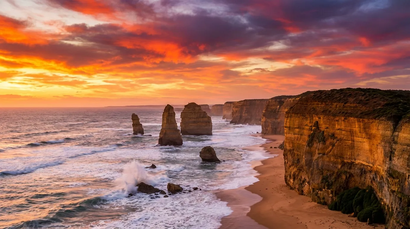 Image: The iconic Twelve Apostles rock formations along the Great Ocean Road at sunset, with powerful waves crashing against the cliffs and a dramatic, colourful sky.
