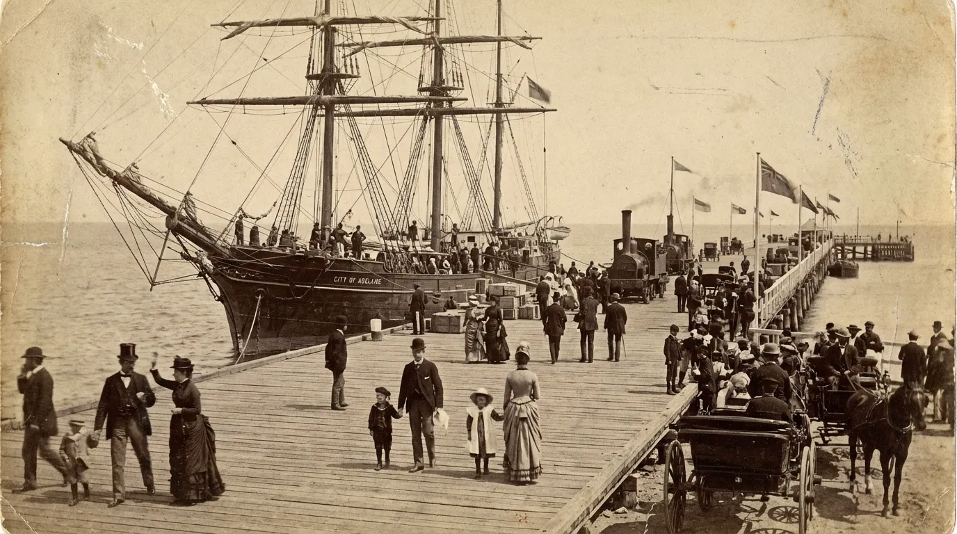 Image: A sepia-toned photograph of the historic Glenelg jetty in the late 19th century, with a tall-masted ship docked nearby and Victorian-era people strolling along the wooden planks, capturing a sense of arrival and historical significance.