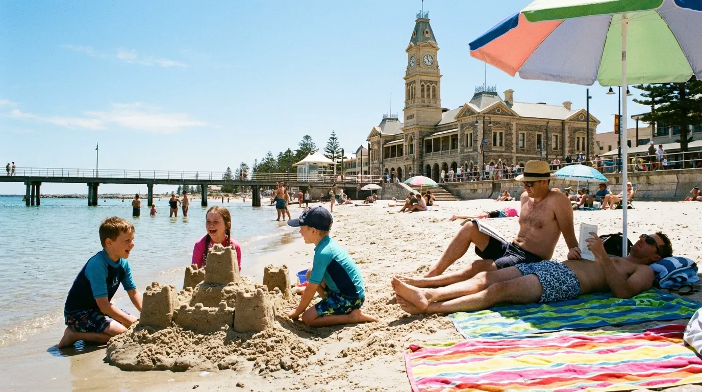 Image: A lively family scene on Glenelg Beach during the day, with children building sandcastles near the calm water, parents relaxing on towels, and the historic Glenelg Town Hall (Bay Discovery Centre) visible in the background.