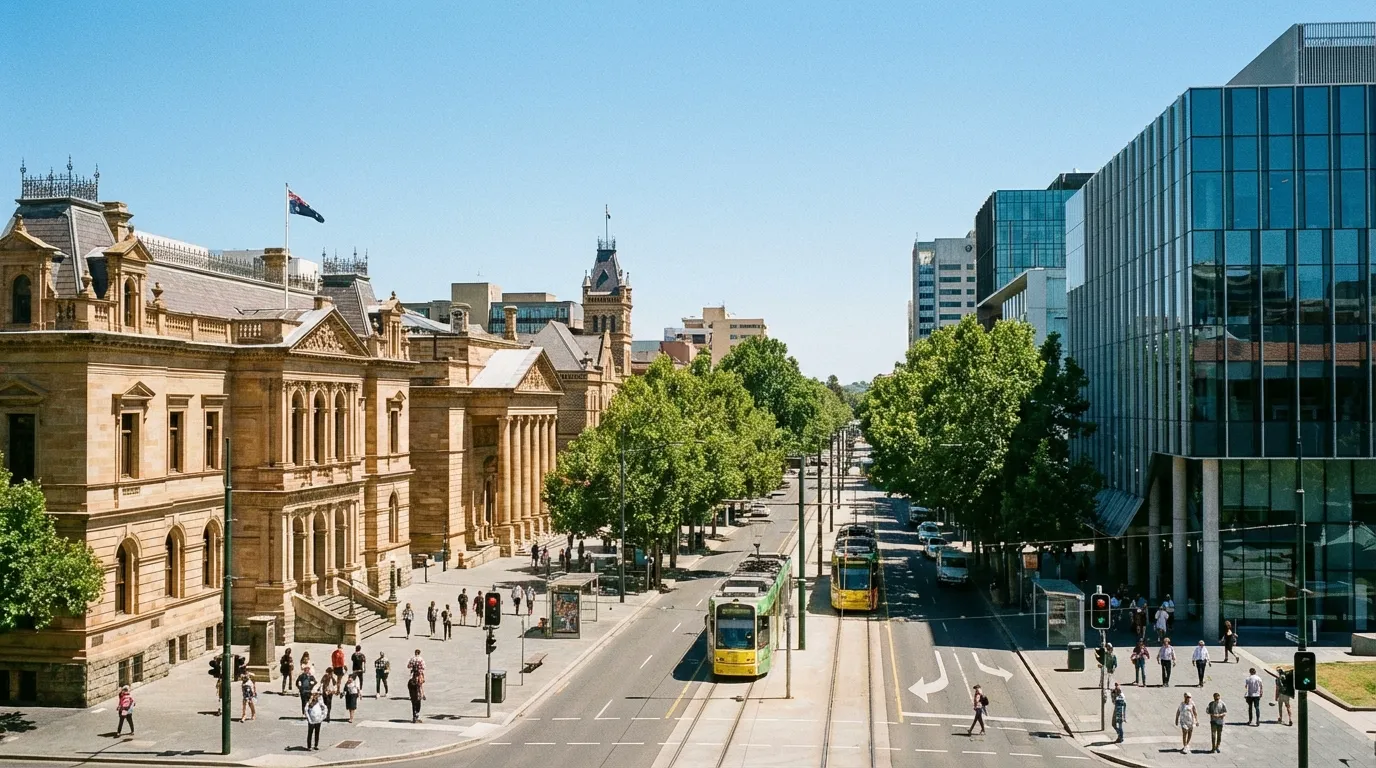 Image: A wide-angle view of North Terrace in Adelaide, showcasing a grand tree-lined boulevard with historic, ornate buildings on one side and modern architecture on the other, with people strolling along the wide footpaths. The sky is clear blue.