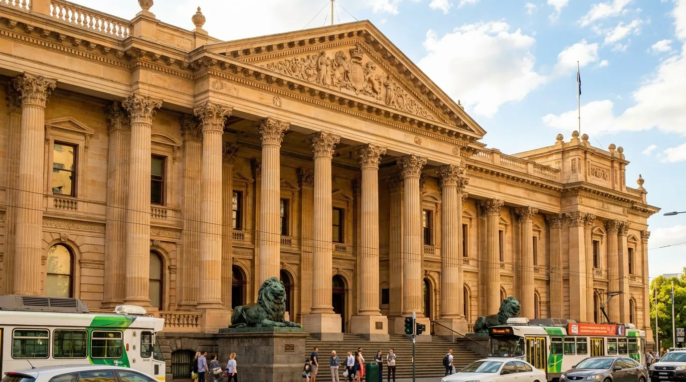 Image: The grand Neoclassical facade of Parliament House in Adelaide, with its imposing columns and intricate stonework, under a bright Australian sky. Two large lion statues are visible guarding the main entrance.