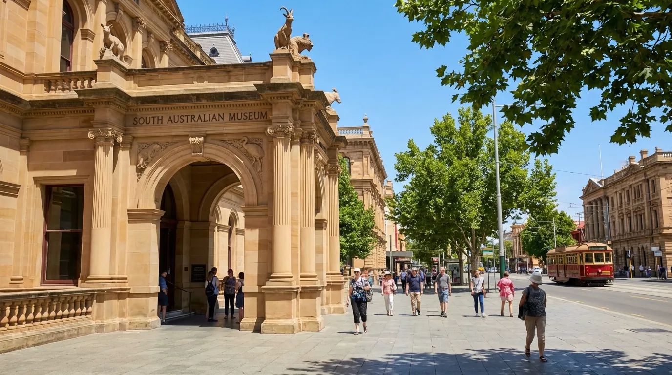Image: A grand, ornate entrance of the South Australian Museum on North Terrace, Adelaide, with historic architecture and a bright, sunny day. People are walking on the pavement, and a tram might be visible in the distance.