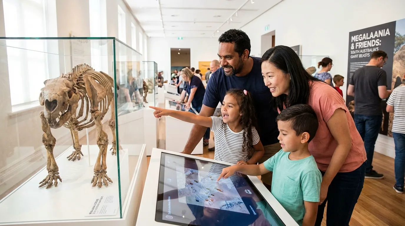 Image: A diverse family (parents and two children) engaged with an interactive exhibit at the South Australian Museum. One child is pointing at a display, while the other looks at a touch screen. The setting is bright and inviting, with other museumgoers in the background.