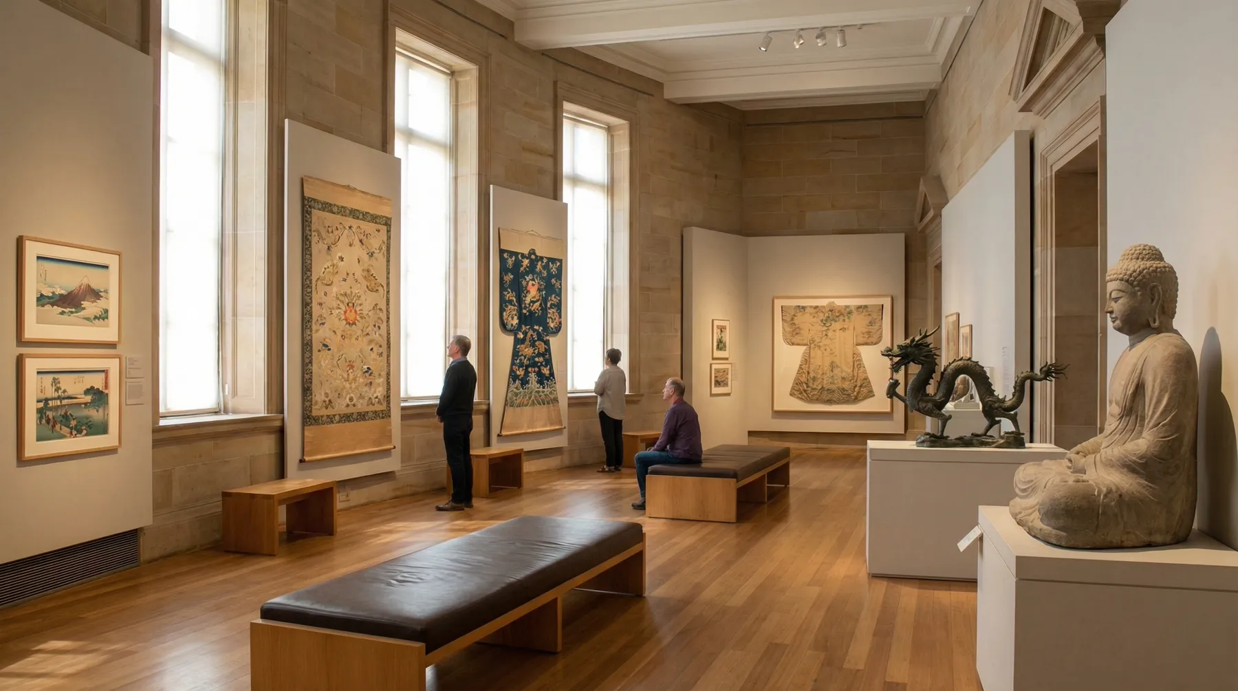 Image: A serene gallery room within the Art Gallery of South Australia showcasing a diverse collection of Asian art, including Japanese woodblock prints, intricate textiles, and elegant sculptures, bathed in soft, natural light.