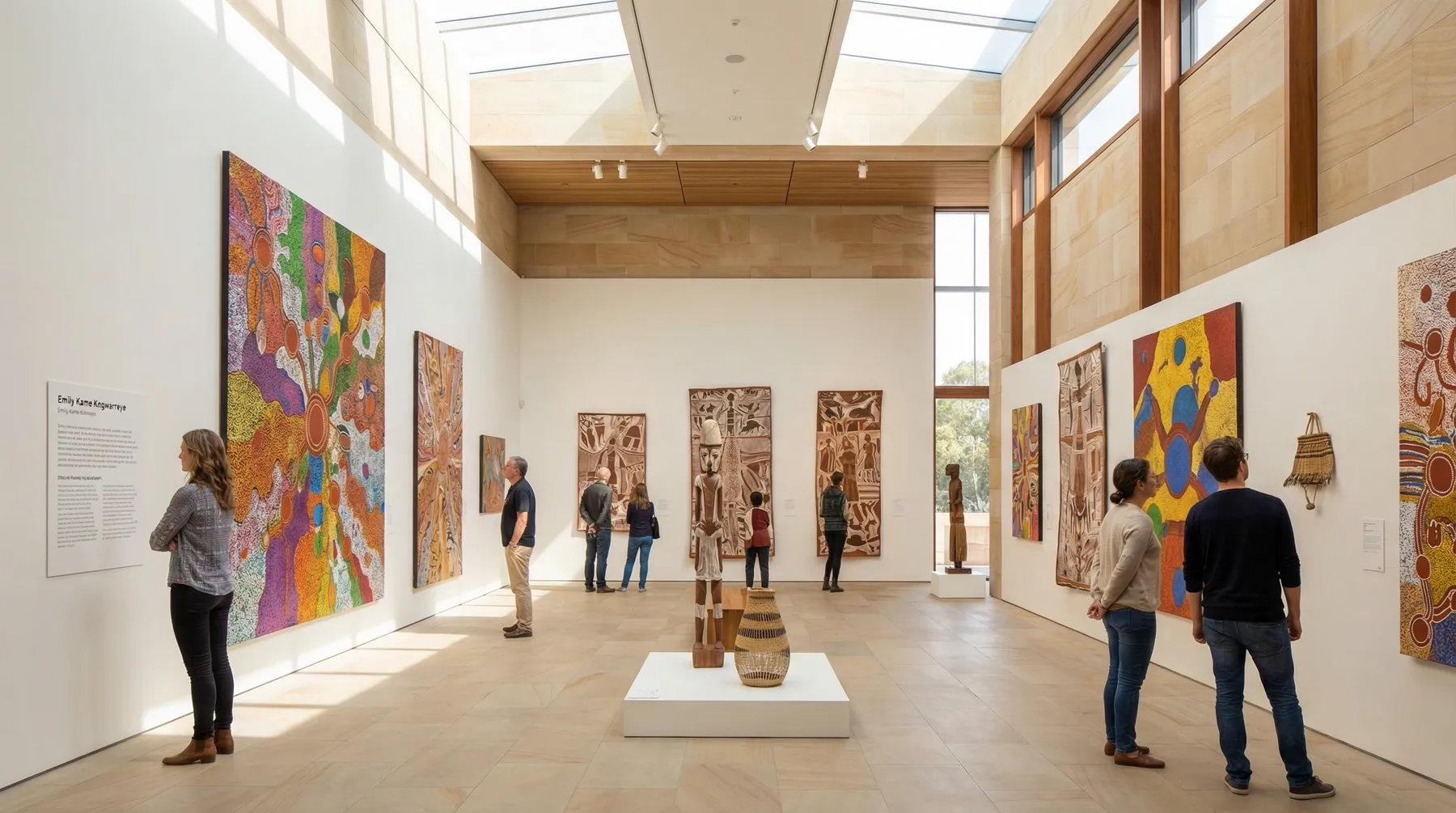Image: An expansive, well-lit gallery space within the Art Gallery of South Australia, dedicated to Indigenous art, featuring large-scale vibrant dot paintings, intricate bark paintings, and sculptures, with informative plaques visible.