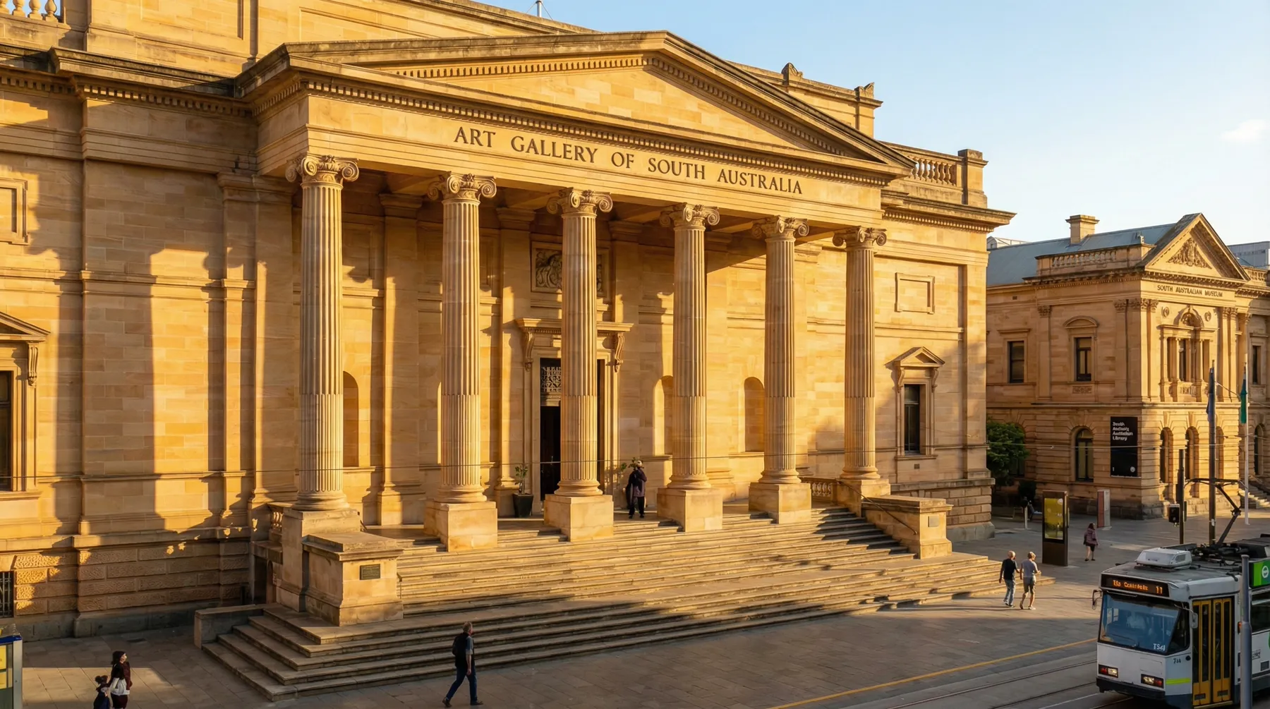 Image: The grand, neoclassical exterior of the Art Gallery of South Australia on North Terrace, Adelaide, with its imposing columns, wide stone steps, and symmetrical design, bathed in warm afternoon sunlight.