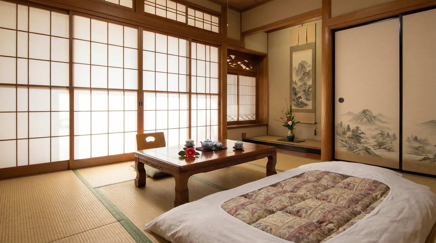 Image: A traditional Japanese ryokan interior with tatami mats, sliding shoji screens, a low wooden table with tea, and a futon laid out. The room is softly lit and peaceful.