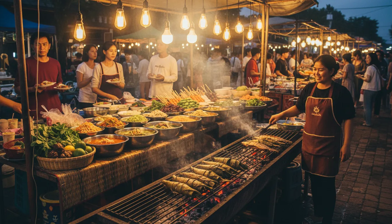 Image: A vibrant, bustling night market food stall in Luang Prabang, focusing on a vendor grilling fresh fish wrapped in banana leaves over charcoal. The stall is illuminated by warm, inviting lights, with an array of colorful Lao dishes and fresh ingredients visible. People are browsing in the background.
