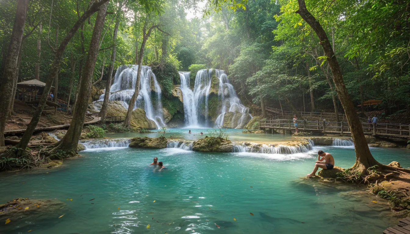 Image: A panoramic view of the multi-tiered Kuang Si Falls in Luang Prabang, showcasing brilliant turquoise pools cascading down through lush green jungle. Sunlight filters through the trees, highlighting the water