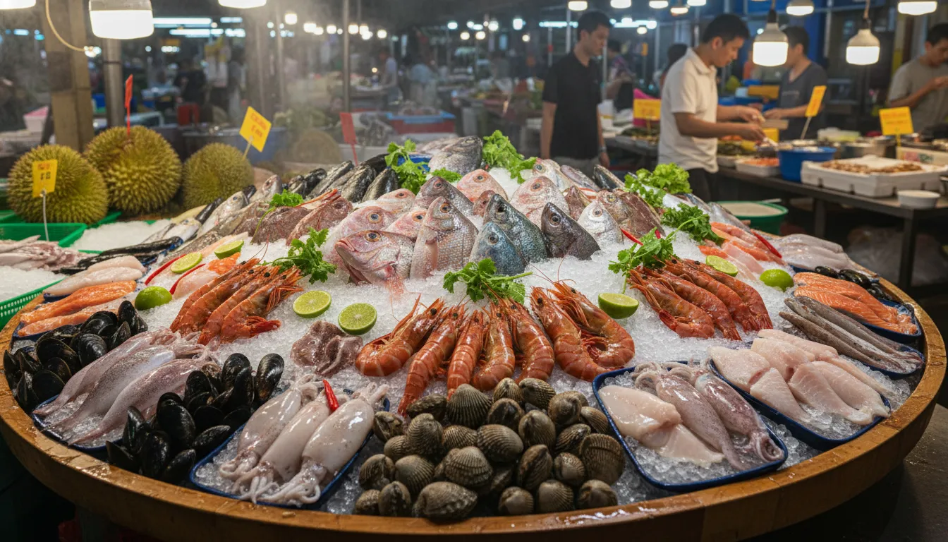Image: A vibrant, colorful platter of various fresh, raw seafood on ice at a Singaporean seafood market stall. The display includes whole fish, large prawns, mussels, and clams, ready for selection, with bright lighting and bustling market activity in the background.