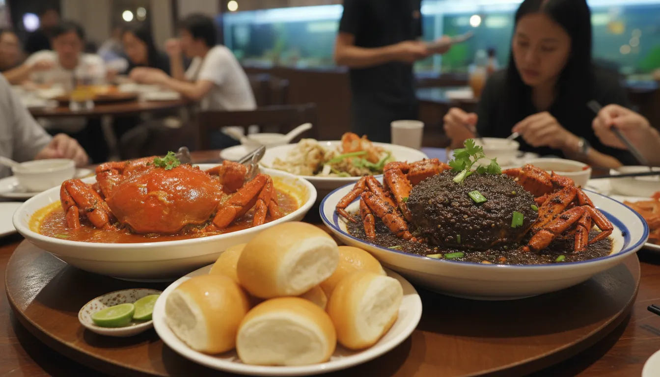 Image: A vibrant spread featuring both a glistening red Chilli Crab, served with fluffy mantou buns, and a dark, aromatic Black Pepper Crab on a large communal table, with blurred background of a lively Singaporean seafood restaurant.