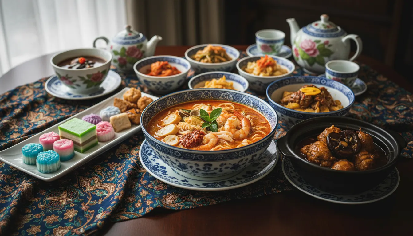 Image: A beautifully arranged spread of diverse Peranakan dishes on a dark wooden table. Include a vibrant Katong Laksa, Ayam Buah Keluak, and various colourful Nyonya Kueh, all presented with intricate Peranakan porcelain and batik fabric elements in the background.