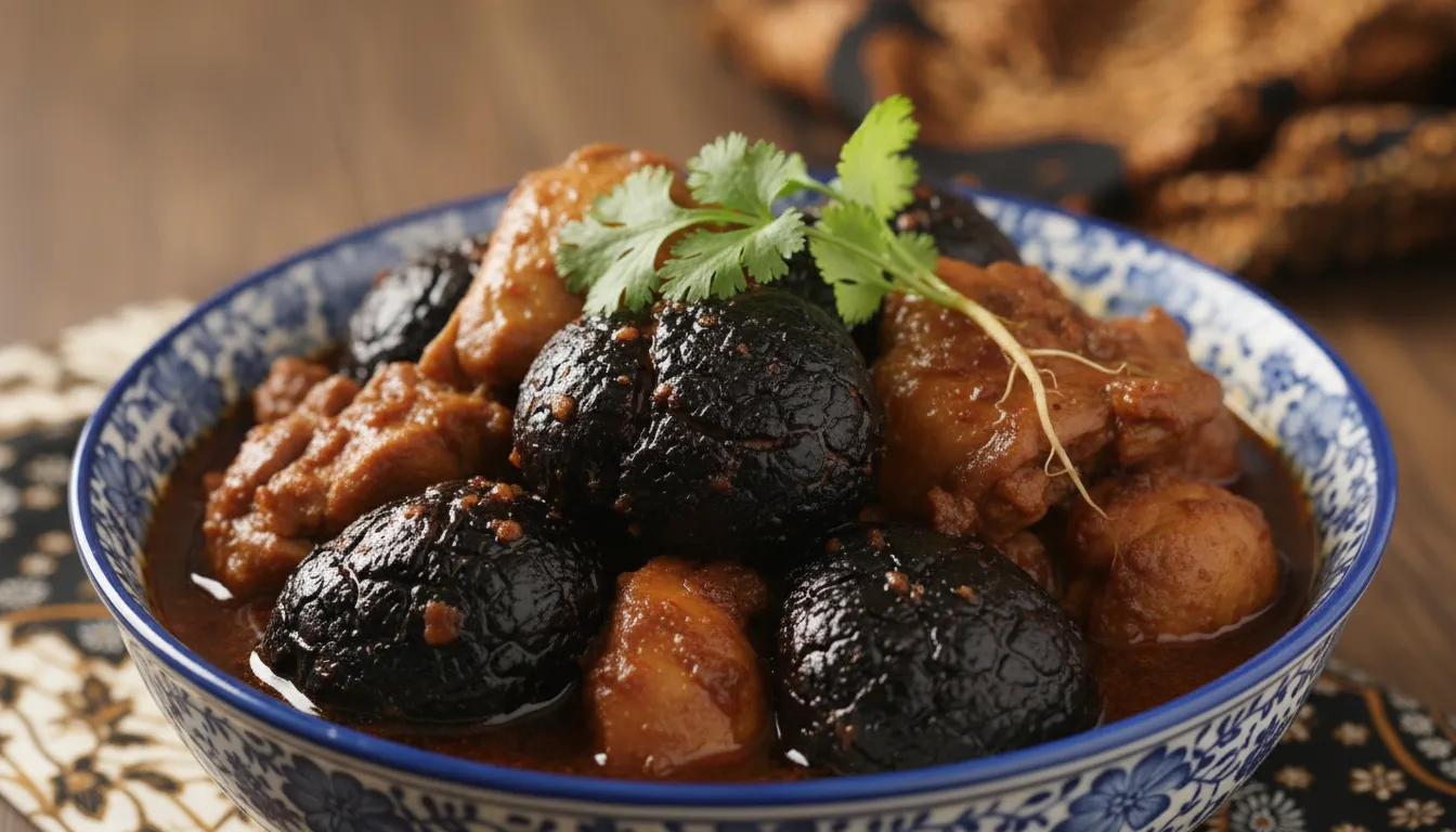 Image: A close-up shot of Ayam Buah Keluak in a traditional Peranakan serving bowl. The dark, glossy buah keluak nuts are visible nestled among tender chicken pieces in a rich, dark gravy. Garnish with a sprig of fresh coriander.