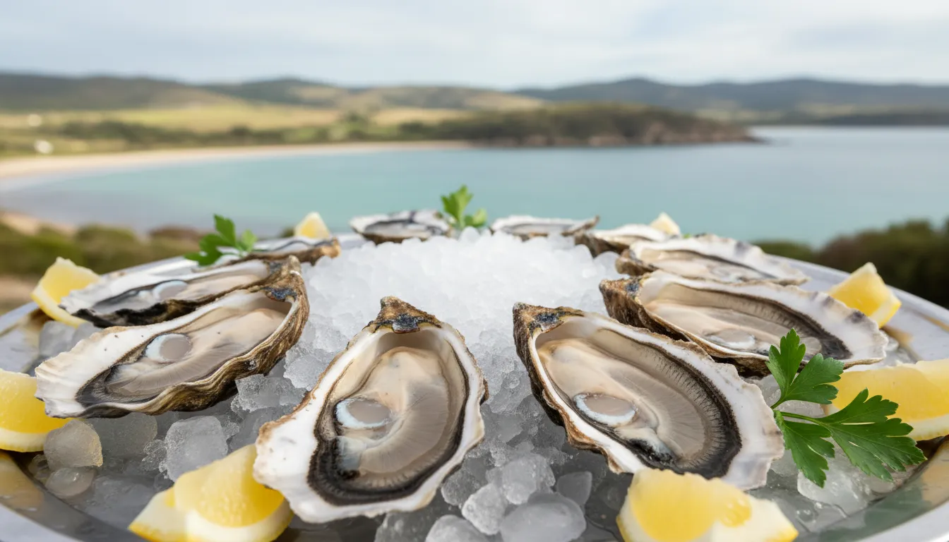 Image: A close-up shot of a platter of freshly shucked Coffin Bay oysters on a bed of ice, garnished with lemon wedges and a sprig of parsley, with the blurred background of a tranquil Coffin Bay landscape and calm waters.