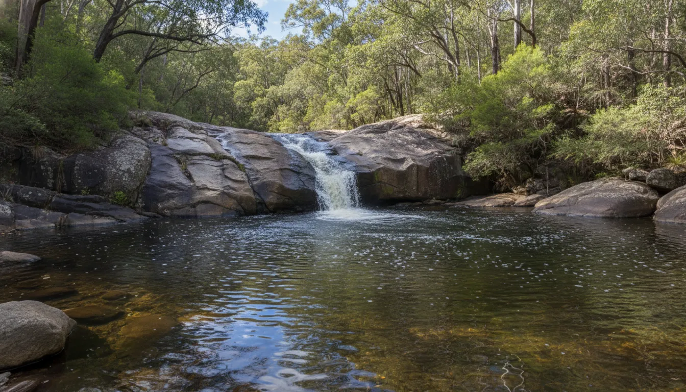 Image: A serene view of Serpentine Falls in Serpentine National Park. The waterfall gently cascades over smooth, dark granite rocks into a clear, calm pool. The surrounding area is lush with green trees and native bushland, and the sunlight creates dappled shadows on the water.