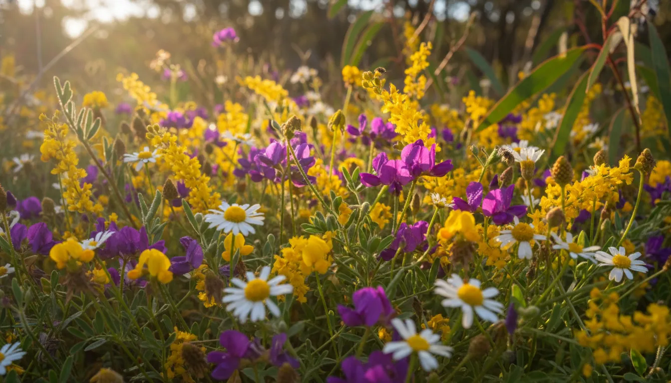 Image: A close-up shot of a vibrant array of Australian wildflowers in bloom in Ellis Brook Valley. The colours are diverse, featuring purples, yellows, and whites, with detailed textures of petals and leaves. Sunlight filters through the foliage, highlighting the delicate beauty of the blossoms.