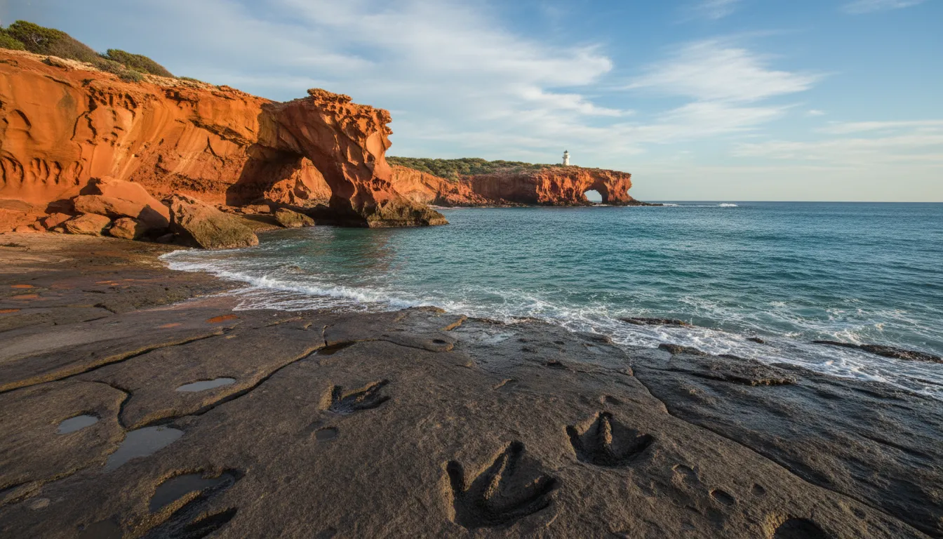 Image: Gantheaume Point at low tide, showing striking red Pindan cliffs meeting the turquoise ocean. Visible in the foreground are dark, ancient dinosaur footprints embedded in the exposed rock, with gentle waves lapping nearby.