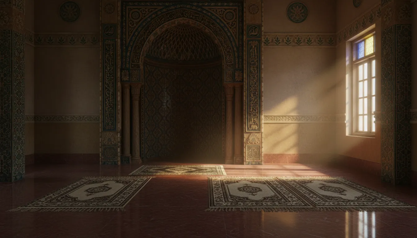 Image: A serene interior shot of a Cham mosque in Chau Doc, showing intricate geometric patterns, a mihrab, and prayer rugs, with soft light filtering through a window.
