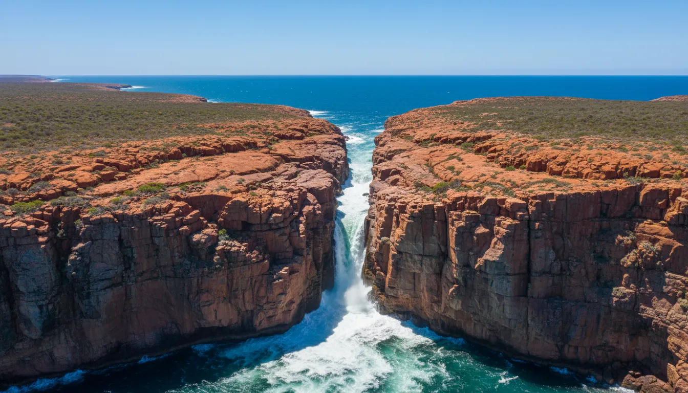 Image: A breathtaking aerial view of the Horizontal Falls in Talbot Bay, Kimberley, Western Australia, showing two narrow gorges with powerful turquoise water rushing horizontally, surrounded by ancient red rock cliffs under a clear blue sky.
