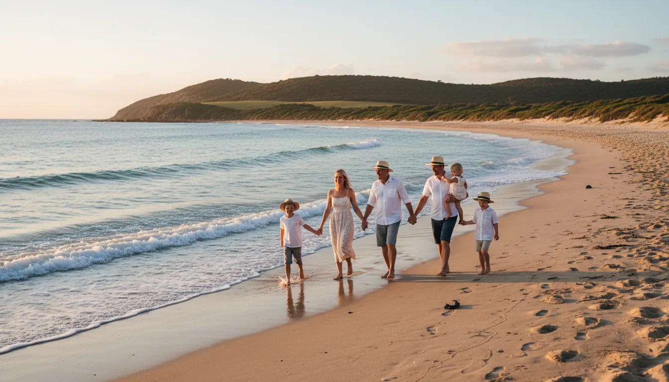Image: A multi-generational family happily walking along the sandy beach at Horseshoe Bay near Victor Harbor, with calm waves lapping the shore and green hills in the background.
