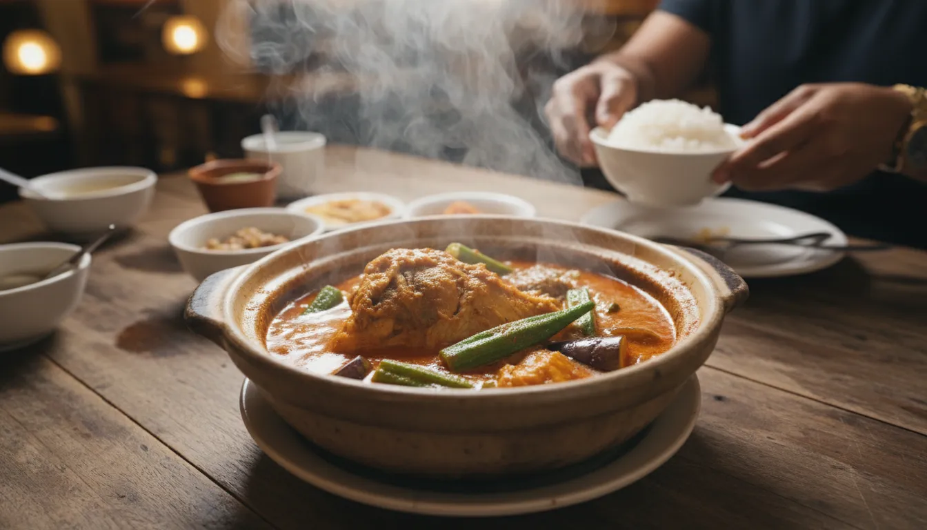Image: A close-up shot of a steaming clay pot of Fish Head Curry on a rustic wooden table in a Singaporean restaurant. The curry is rich red-orange, filled with pieces of fish head, okra, and eggplant, with steam rising. In the background, a hand is reaching for a bowl of white rice.