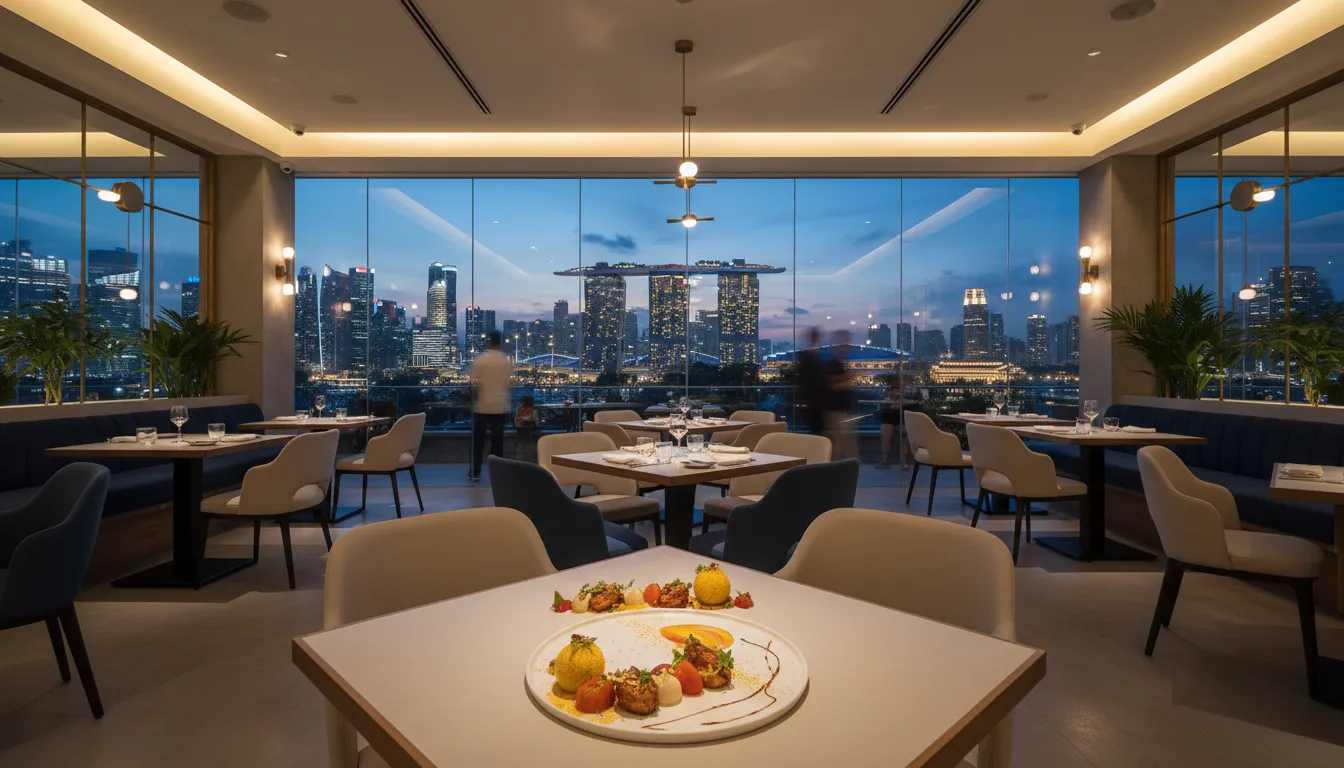 Image: An elegant, modern Indian fusion restaurant in Singapore at dusk, with soft lighting, minimalist decor, and a beautifully plated dish of innovative Indian cuisine on a table. Outside, the city lights begin to twinkle.