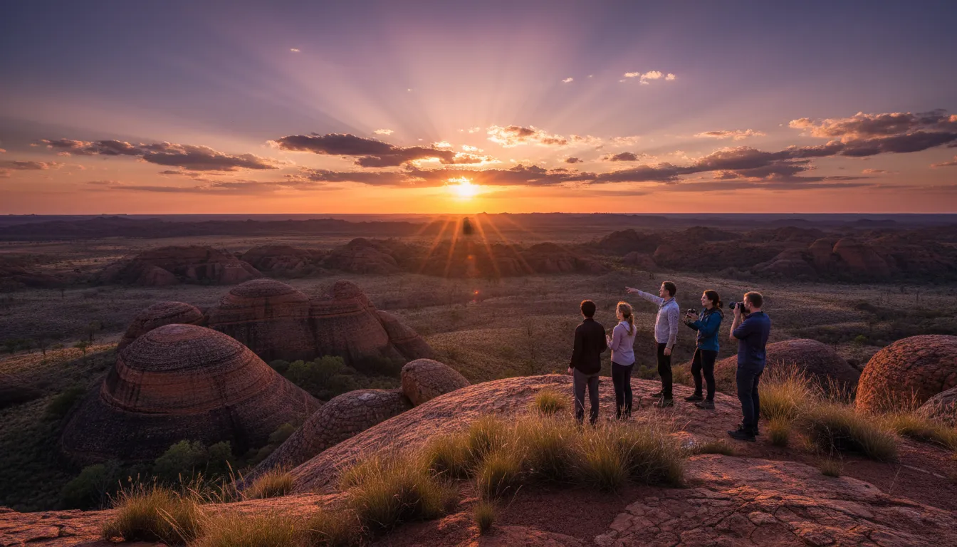 Image: A small group of travelers standing at a scenic viewpoint overlooking a vast expanse of the Bungle Bungle Range, with the iconic striped domes stretching into the distance under a dramatic sunset sky, evoking a sense of awe and discovery.