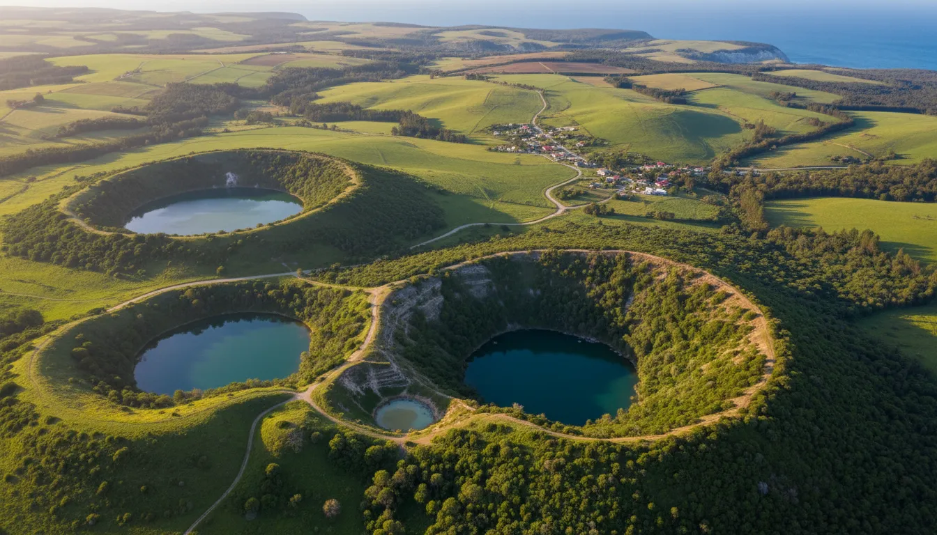 Image: An aerial view showcasing the lush green volcanic landscape of the Limestone Coast, with several distinct crater lakes and sinkholes visible, bathed in warm afternoon light.