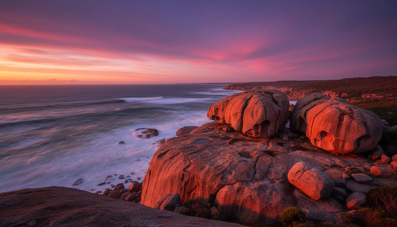 Image: A breathtaking wide-angle shot of Remarkable Rocks at sunset, with the colossal granite boulders glowing fiery orange against a dramatic sky of purples and pinks, and the vast, turbulent Southern Ocean stretching to the horizon.