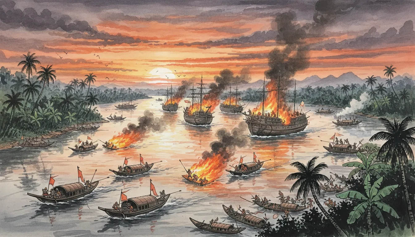 Image: A detailed artistic depiction of the Battle of Rạch Gầm-Xoài Mút. The scene shows a chaotic naval engagement on a wide river at dawn or dusk, with Vietnamese forces in smaller, agile boats launching fire rafts against larger, more numerous Siamese ships. Palm trees and dense foliage line the riverbanks. The sky is dramatic with hues of orange and purple.