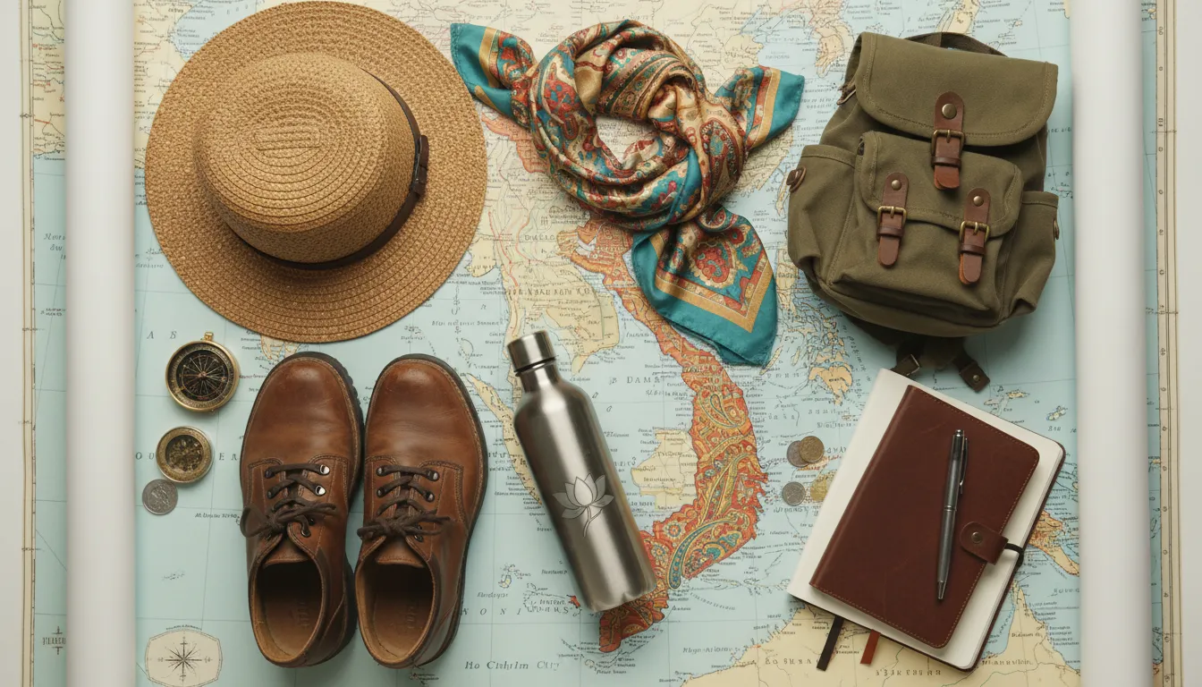 Image: A flat lay of essential travel items for a cultural exploration trip: a light scarf, a wide-brimmed hat, sturdy walking shoes, a reusable water bottle, a travel journal, and a small daypack, all laid out on a map of South Vietnam.