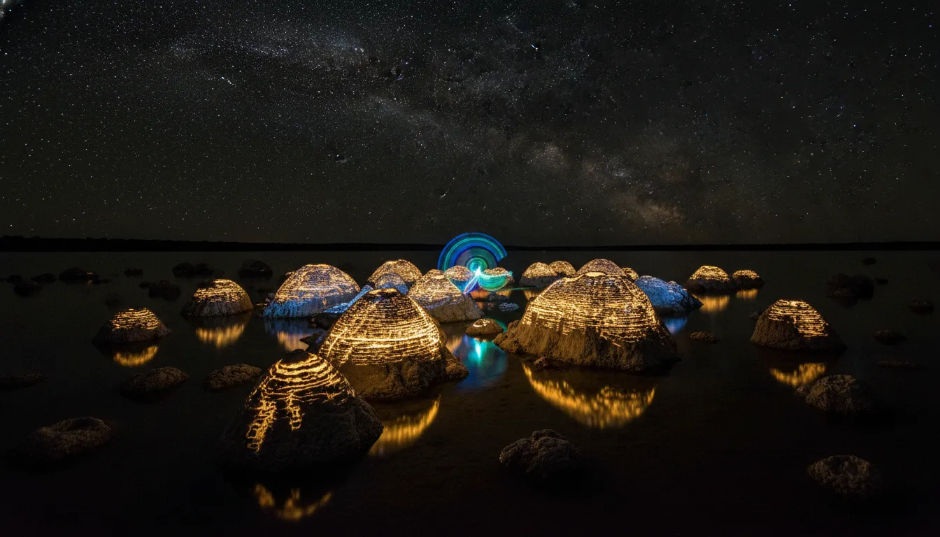 Image: A captivating night photograph of the Lake Clifton Thrombolites, artfully illuminated by light painting. The ancient, textured rock formations glow with a soft, warm light against a backdrop of a clear, star-filled sky. The light painting highlights the unique shapes and details of the thrombolites, making them stand out dramatically from the surrounding darkness.