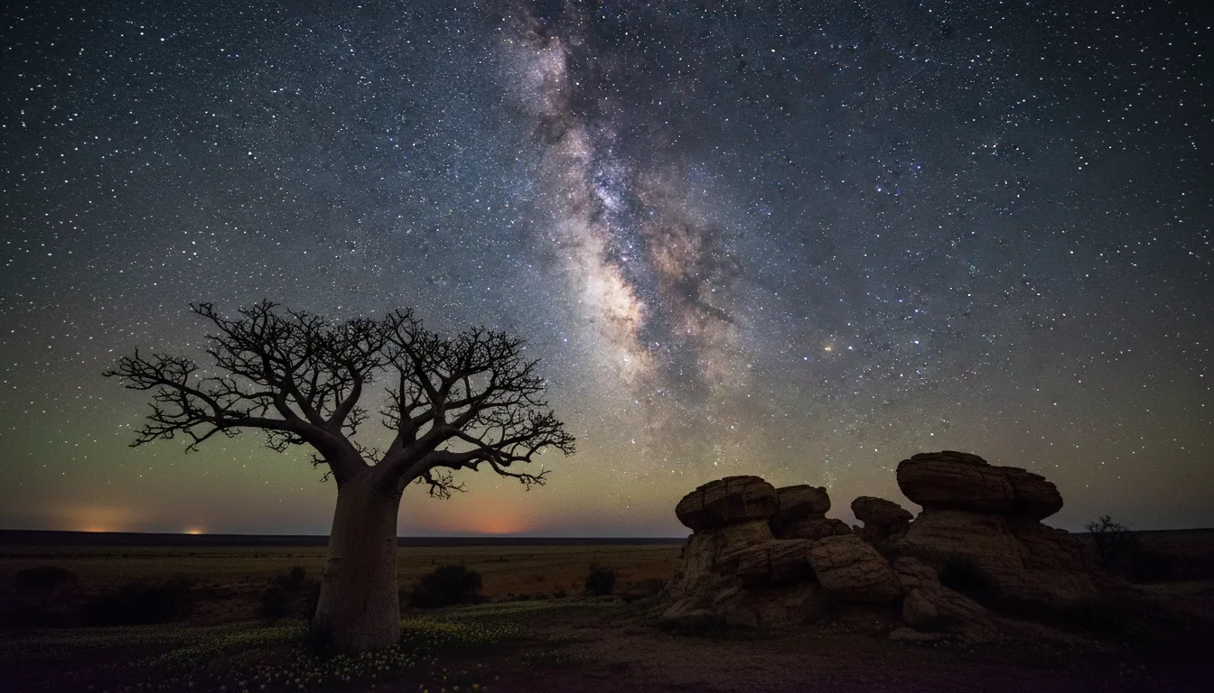 Image: A final, inspiring nightscape photograph of a Western Australian landscape. The image showcases a perfectly composed scene with a prominent foreground element (e.g., a tree, a rock formation) silhouetted against a brilliant, star-filled sky. The Milky Way is clearly visible, and the overall image evokes a sense of wonder, tranquility, and deep connection to nature and the cosmos.