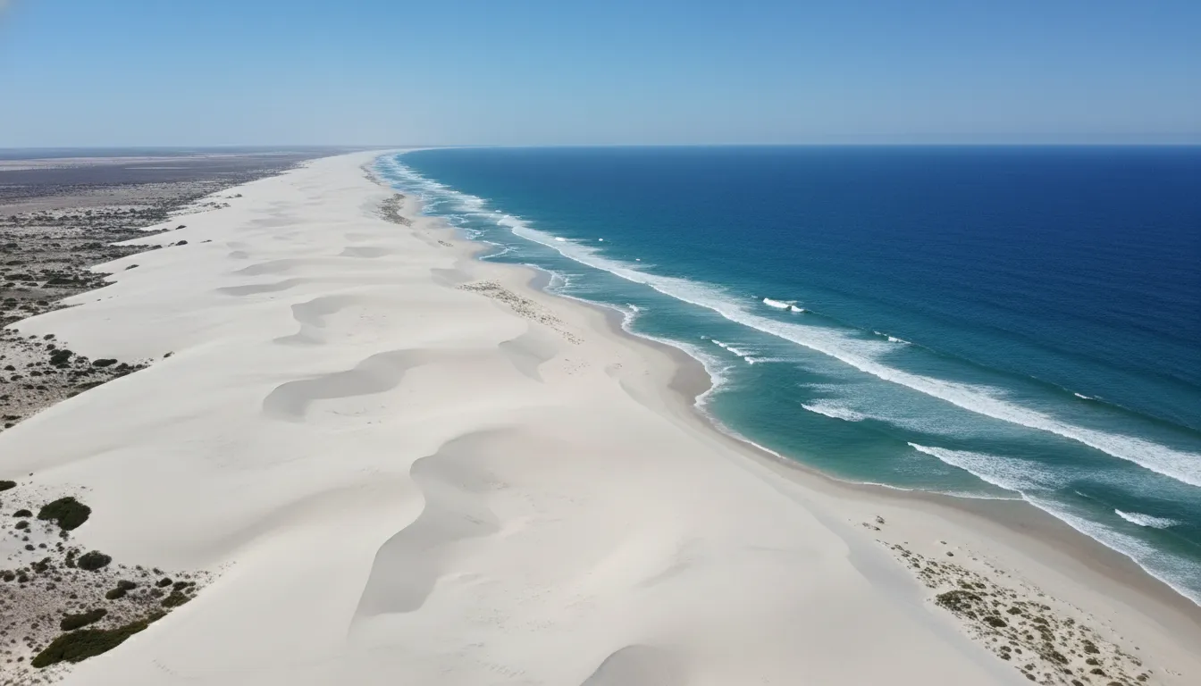 Image: A wide-angle drone shot capturing the meeting point of desert and ocean along the Western Australian coastline, showcasing the transition from white sand dunes to a clear blue ocean, with a distant view of the horizon.