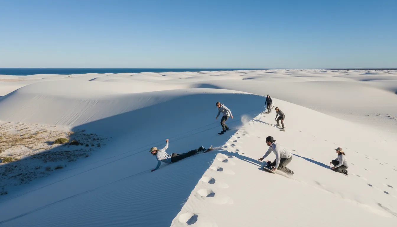 Image: Adventurous travelers sandboarding down the massive, pristine white dunes of Lancelin, Western Australia, under a clear azure sky. The dunes stretch into the distance, creating dramatic shadows and a sense of vastness, with a small group of people in the foreground.