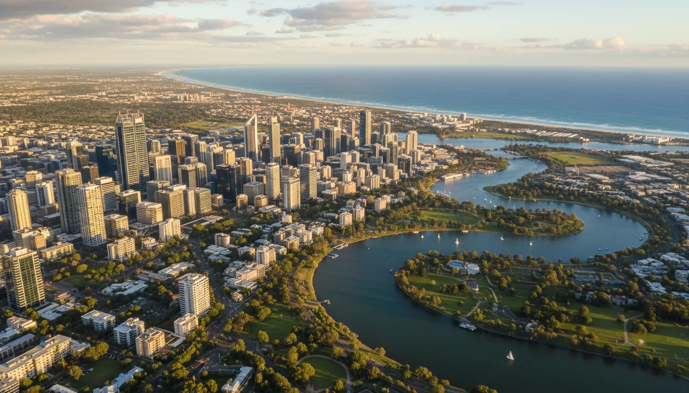 Image: A vibrant aerial view of Perth city, showing its modern skyscrapers contrasted with the Swan River snaking through, leading towards the sparkling Indian Ocean on the horizon, symbolizing the city