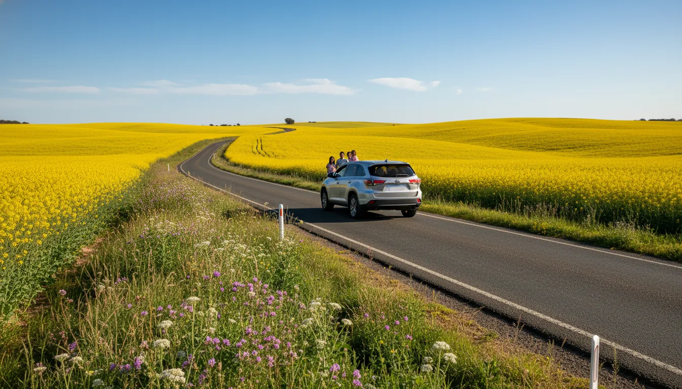Image: A scenic shot of a country road winding through the Western Australian Wheatbelt during spring. The road is flanked by vibrant yellow canola fields stretching towards the horizon under a clear blue sky. A modern SUV, with a subtle hint of a Vietnamese-Australian family inside, is driving along the road, implying a journey of discovery.